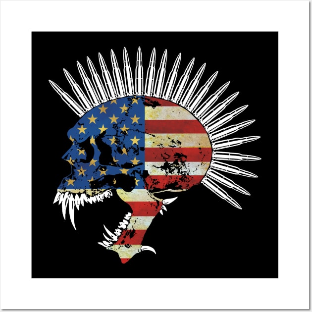 Bullet Head Mohawk Skull with American Flag Wall Art by RawSunArt